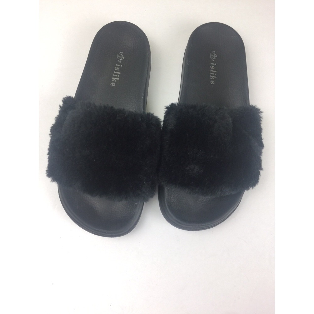 Womens Faux Fur Slides Size 37 Black Sandals Slip On